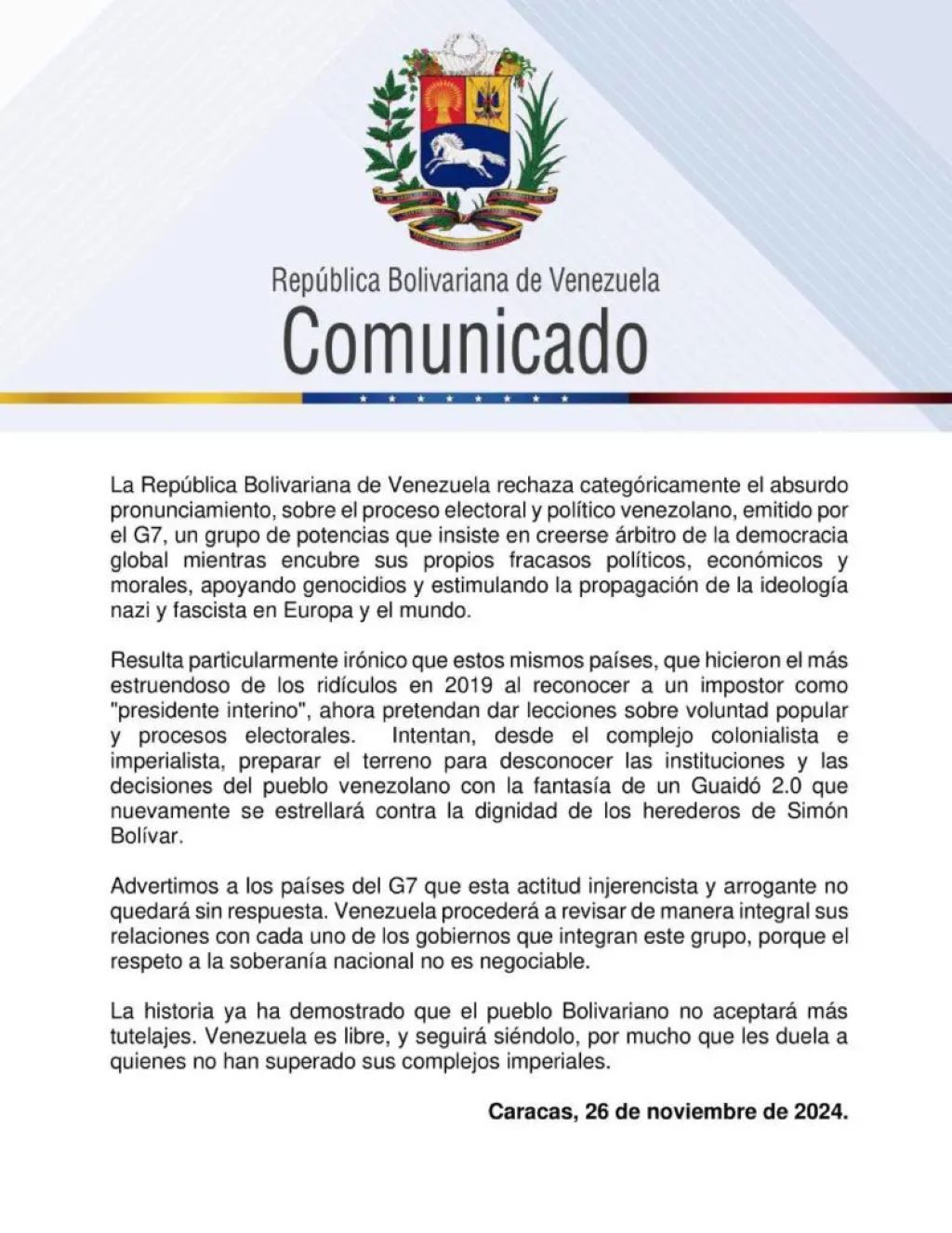 Venezuela rechazó declaración del G7 - Agencia Carabobeña de Noticias