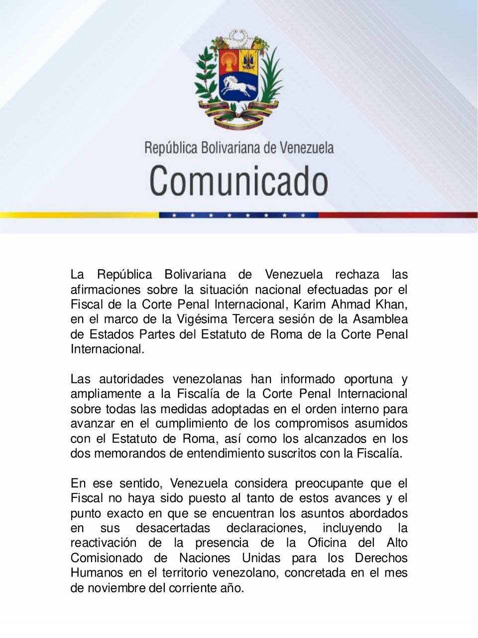 Venezuela rechaza afirmaciones del fiscal de CPI - Agencia Carabobeña de Noticias