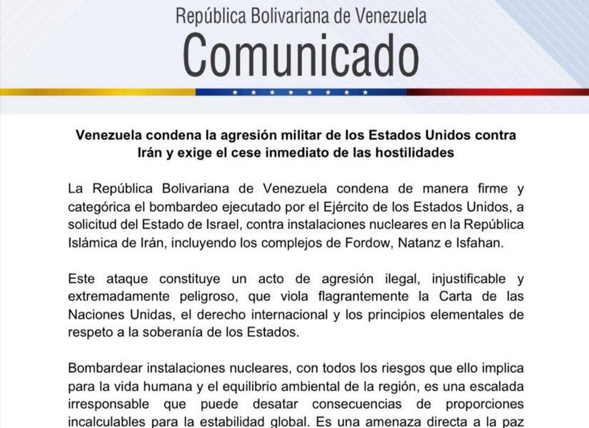 Venezuela condena ataque militar de Estados Unidos contra Irán