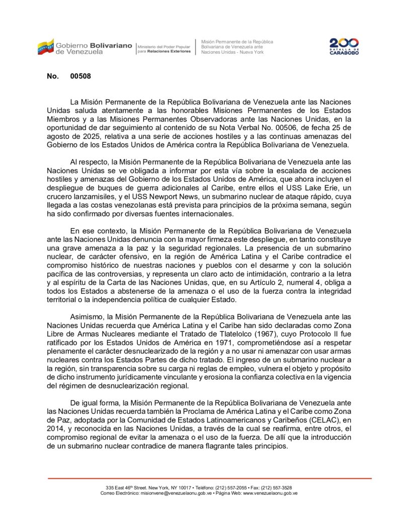Venezuela denuncia a la ONU amenazas de EEUU - Agencia Carabobeña de Noticias