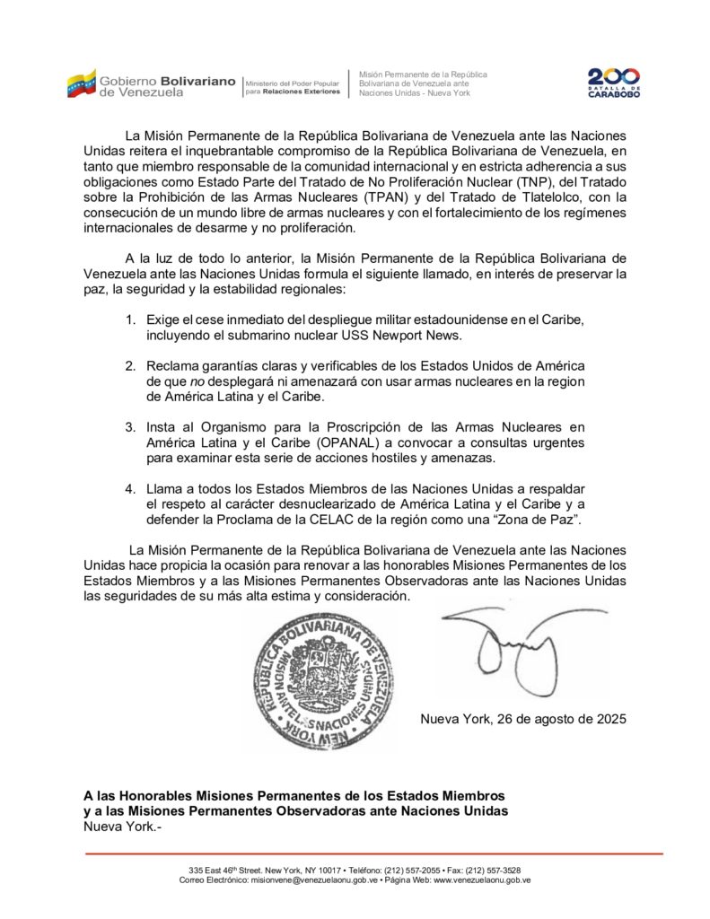 Venezuela denuncia a la ONU amenazas de EEUU - Agencia Carabobeña de Noticias