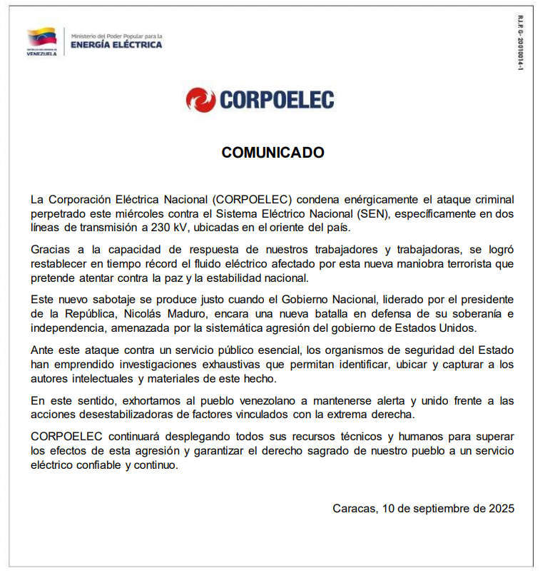 Corpoelec condena ataque contra Sistema Eléctrico Nacional - Agencia Carabobeña de Noticias