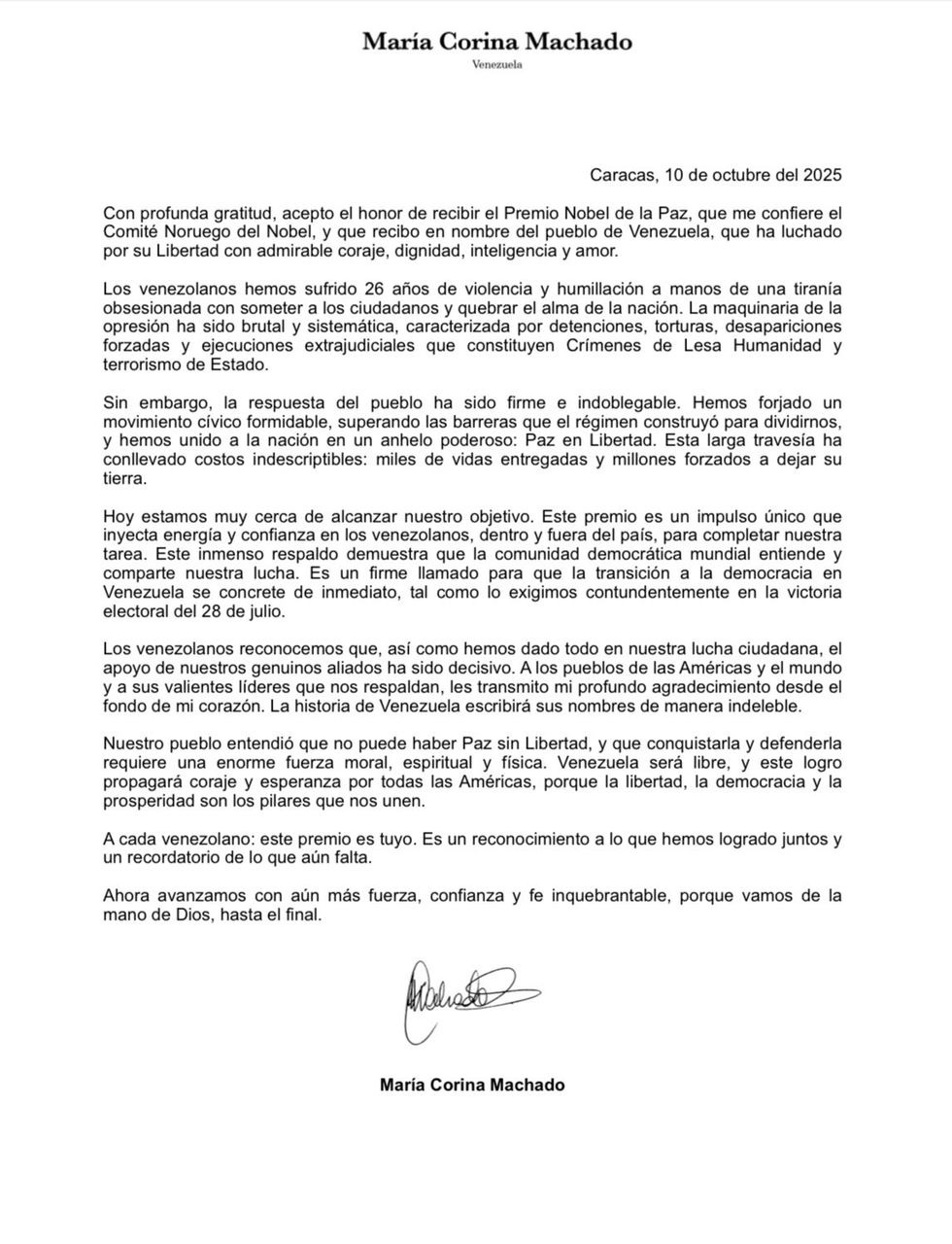 Carta de María Corina Machado - Agencia Carabobeña de Noticias