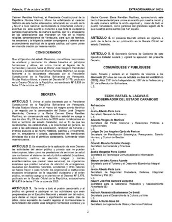 Días de Júbilo No Laborables - Agencia Carabobeña de Noticias