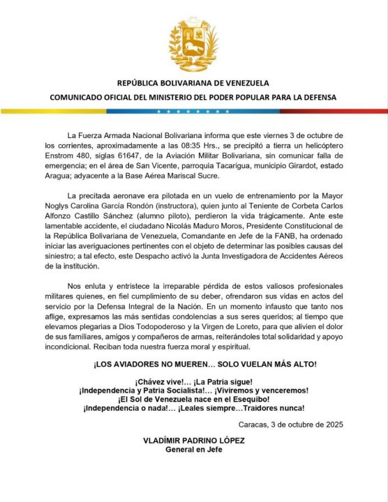 FANB investiga causas del siniestro de helicóptero - Agencia Carabobeña de Noticias