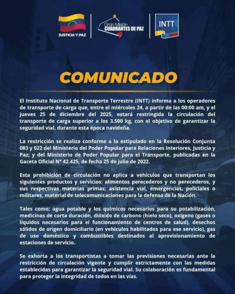 Restringida circulación para transporte de carga este 24 y 25 - Agencia Carabobeña de Noticias