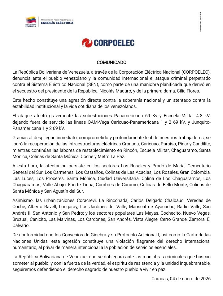 Ataque de EEUU afectó sistema eléctrico - Agencia Carabobeña de Noticias