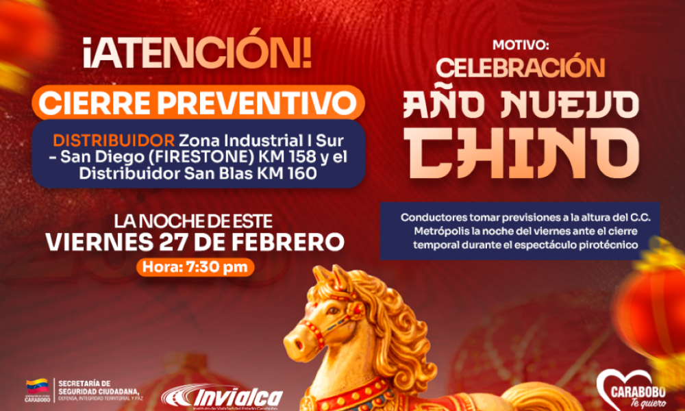 Cierre preventivo de tramos de la ARC por Año Nuevo Chino - Agencia Carabobeña de Noticias