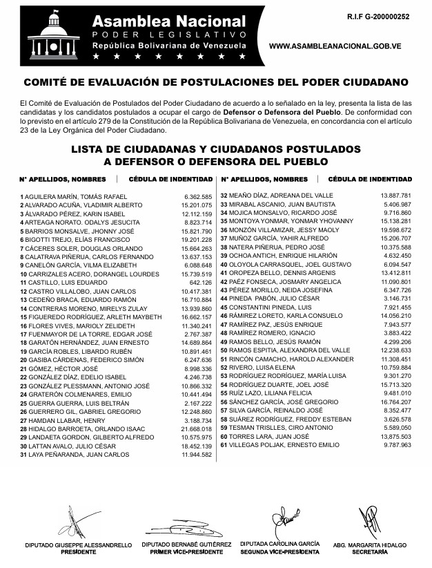 Presentadas listas a fiscal y defensor - Agencia Carabobeña de Noticias