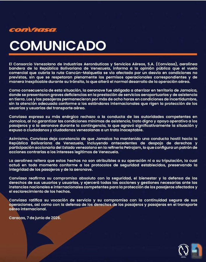 Conviasa denuncia desvío forzado de vuelo - Agencia Carabobeña de Noticias