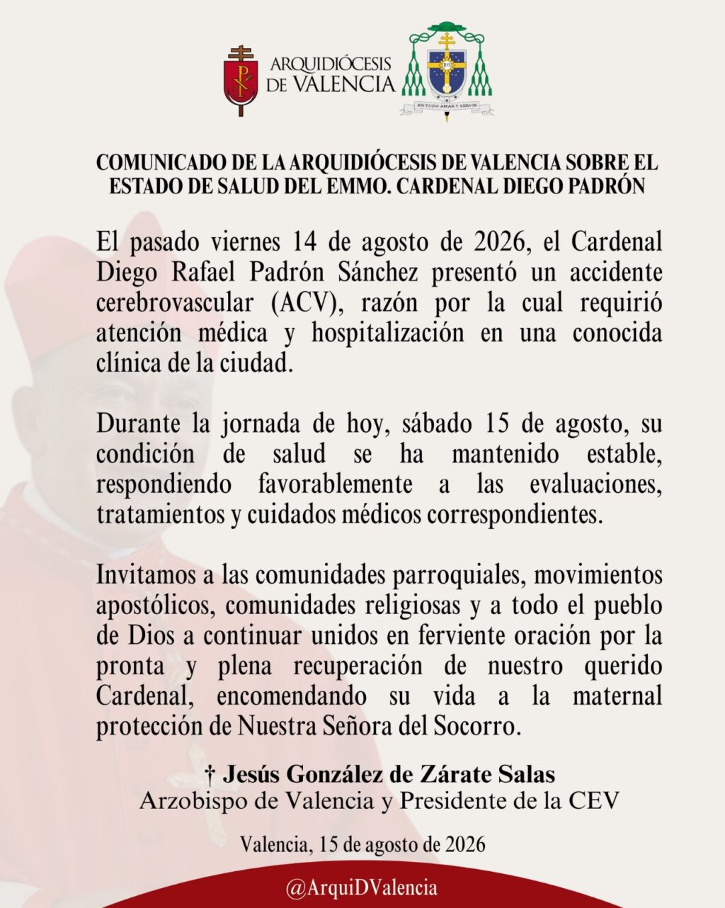 Cardenal Diego Padrón sufrió un ACV - Agencia Carabobeña de Noticias