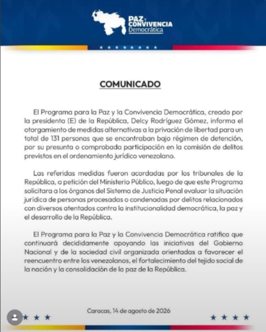 Excarcelaron a 1.046 presos políticos - Agencia Carabobeña de Noticias