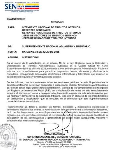 Seniat dejará de exigir exhibición física del RIF - Agencia Carabobeña de Noticias