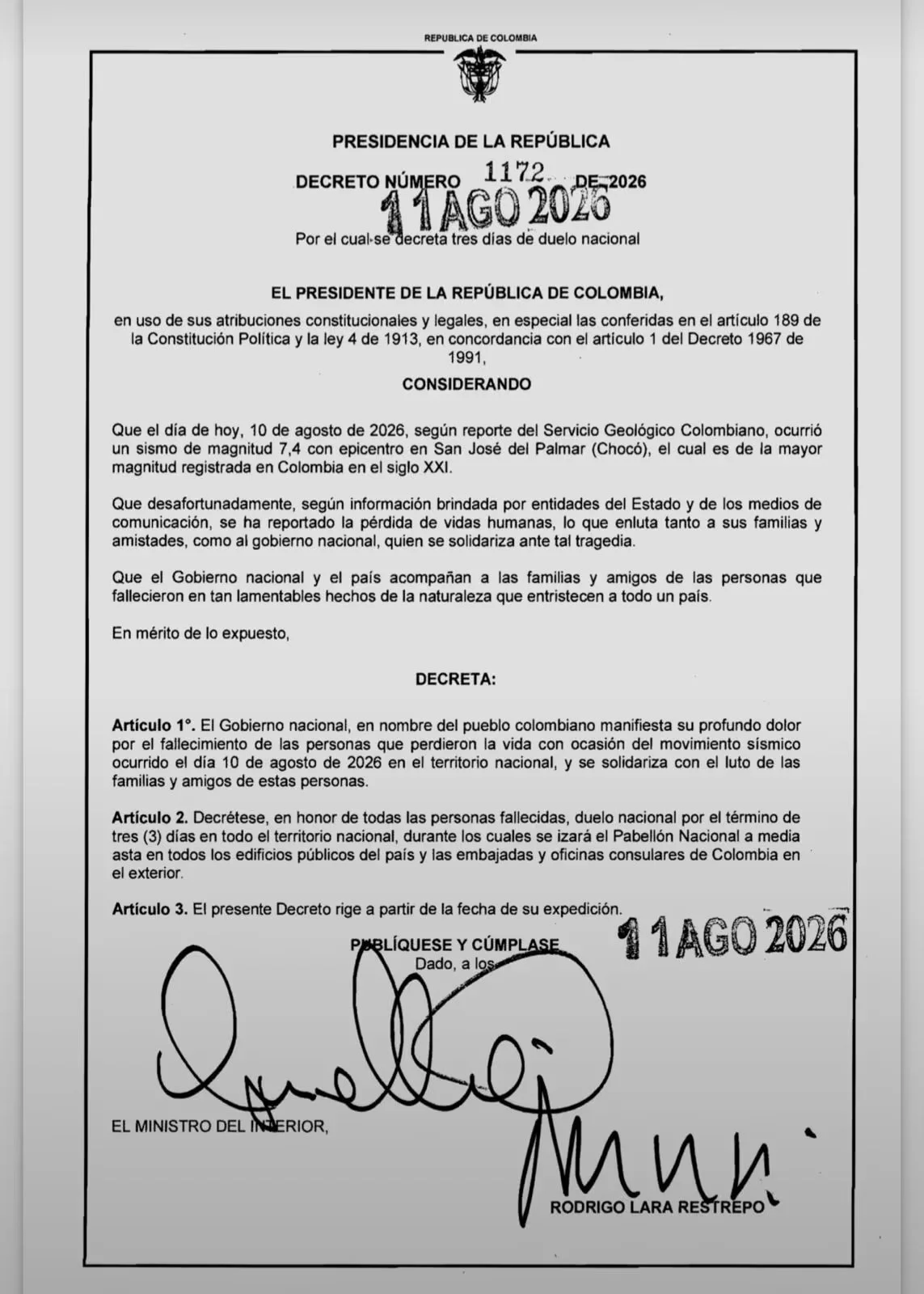 Tres días de duelo en Colombia - Agencia Carabobeña de Noticias